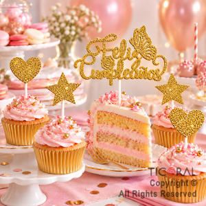 CAKE TOPPER FELIZ CUMPLEA�OS CON ESTRELLAS Y CORAZONES GIBRE ORO